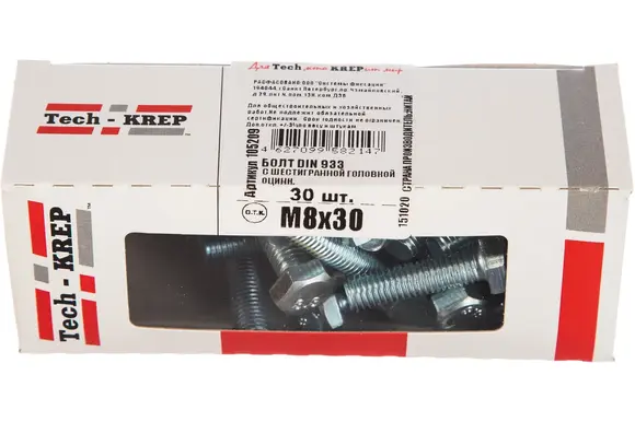 Болт с шестигранной головкой, оцинкованный М8х30, DIN 933 в коробке - 30шт от Tech-Krep 105209