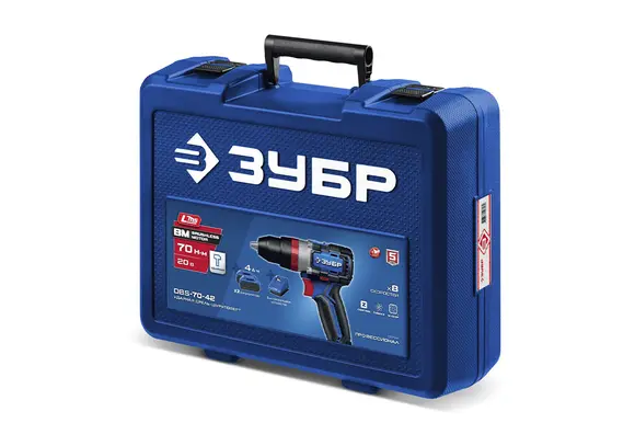 Бесщеточная ударная дрель-шуруповерт ЗУБР Профессионал, 2 АКБ LMS (4 Ач), в кейсе, 20 В, 70 Н·м, DBS-70-42
