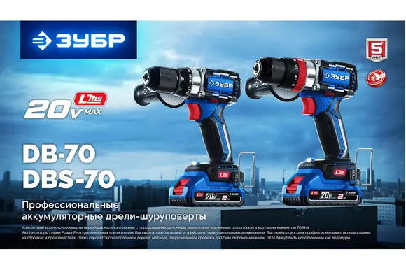 Бесщеточная ударная дрель-шуруповерт ЗУБР Профессионал, 2 АКБ LMS (2 Ач), в кейсе, 20 В, 70 Н·м, DBS-70-22