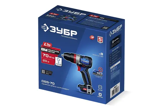 Бесщеточная ударная дрель-шуруповерт ЗУБР Профессионал, без АКБ (LMS), в коробке, 20 В, 70 Н·м, DBS-70