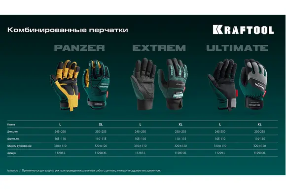 Профессиональные комбинированные перчатки для тяжелых мех. работ KRAFTOOL Panzer, виброзащита, размер 9 (L), 11298-L