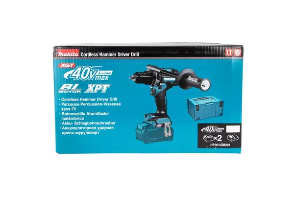 Ударная дрель-шуруповерт Makita HP001GD201, 2 АКБ (2,5 Ач) и ЗУ, в кейсе, 2500 об/мин, 39000 уд/мин
